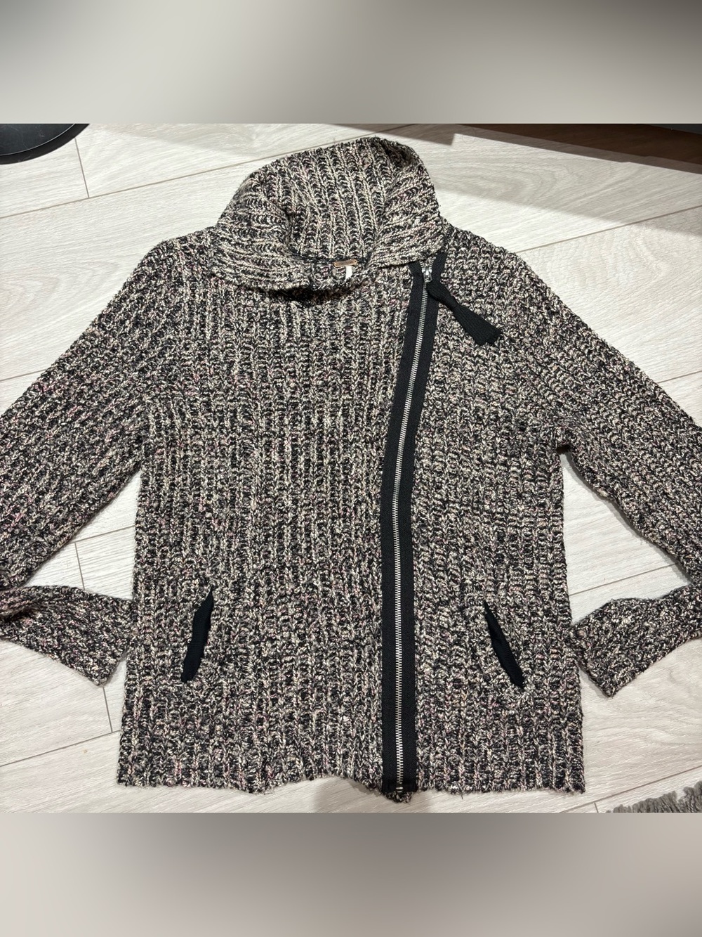 Free People Marbled Chunky Knit Moto Asymmetrical Zip Sweater Jacket Size M